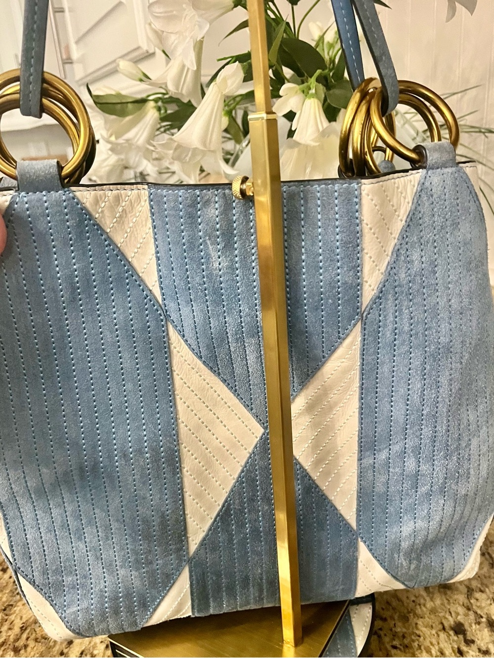 Tory Burch Patchwork suede blue and white Farrah tote - Picture 10 of 16